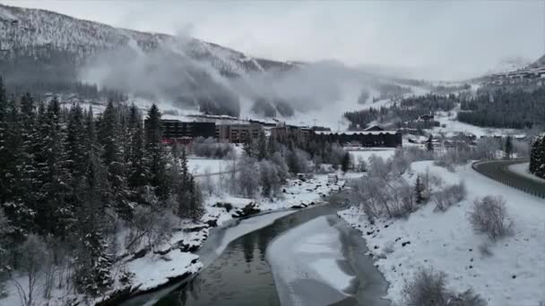 Video Recorded Drone Frozen River Norway Village — Stock Video