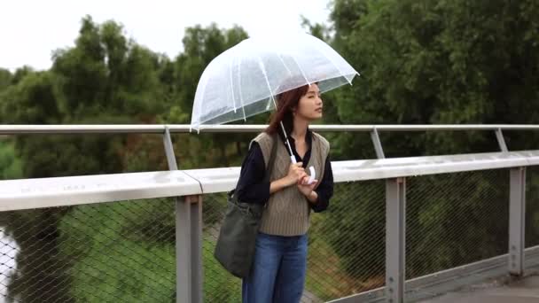 Yağmurlu Bir Günde Genç Bir Asyalı Kadın Şemsiyesini Tutarken Flörtünü — Stok video