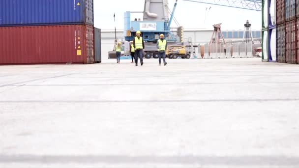港を歩く物流のための工業用コンテナヤードのエンジニアグループ — ストック動画