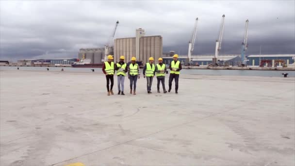 Grupo Trabalhadores Multiétnicos Realiza Briefing Porto Enquanto Caminha Com Seus — Vídeo de Stock