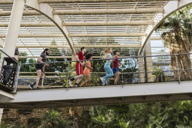 Birlikte maratona hazırlanan bir grup koşucu arkadaşın yan görüntüsü