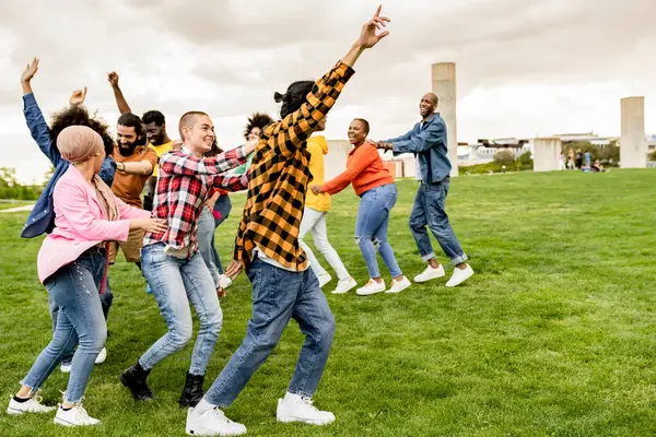 multiracial diverse group dancing together in the park