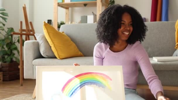 Young Mother Her Child Enjoy Art Together Rainbow Painting Display — Stock Video
