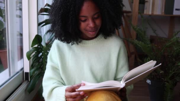 Молодая Женщина Наслаждается Спокойным Моментом Читая Книгу Окна — стоковое видео
