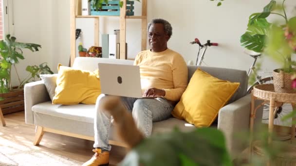 Senior Homem Atentamente Usando Laptop Casa Mantendo Conectado Produtivo — Vídeo de Stock