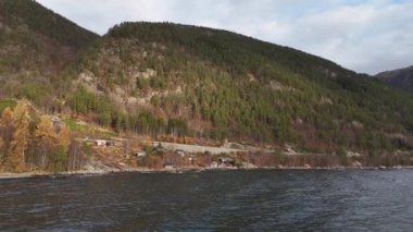 Kırsal kulübeler, bir uçurumun yemyeşil sularında yuva yapar. Norveç fiyortunun karanlık ve dalgalı sularına tepeden bakar..