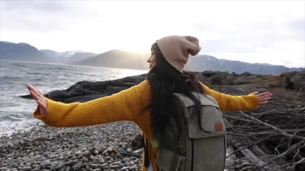 Arms Wide Open Joyful Woman Beanie Sweater Welcomes Gentle Coastal — Stock Video