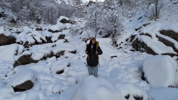 Eine Junge Erwachsene Frau Winterwanderausrüstung Erkundet Ihre Umgebung Einer Schneebedeckten — Stockvideo