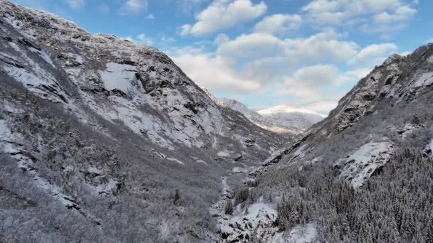 Μια Εκπληκτική Θέα Μιας Χιονισμένης Κοιλάδας Ελικοειδείς Δρόμους Που Διασχίζουν — Αρχείο Βίντεο