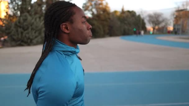 Bir Profil Çekimi Uzun Örgülü Bir Koşucunun Kamuya Açık Bir — Stok video