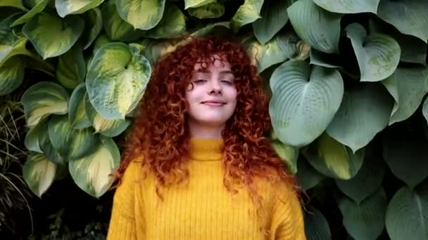 Femeie Serenă Părul Roșu Ochi Închisă Printre Frunzele Verzi — Videoclip de stoc