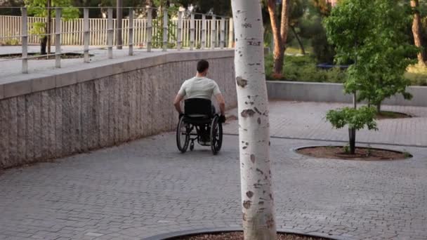 坐在轮椅上的中年男子坐在一座现代化 无障碍的桥上 把注意力集中在平板电脑上 — 图库视频影像