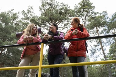 Çam ormanlarında yürüyüş yaparken üç arkadaş gülüyor ve sarı bir çite yaslanıyor..