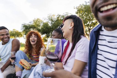 Bir grup genç yetişkin parkta sandviç ve şarapla birlikte gülüp eğleniyorlar..