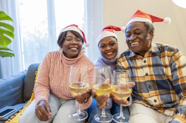 Üç neşeli kıdemli arkadaş ellerinde beyaz şarap bardakları ve evde Noel 'i kutlarken kadeh kaldırıyorlar. Hepsi Noel Baba şapkası takıp gülümsüyor.