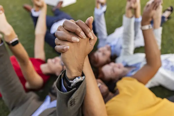 Çeşitli iş adamları çimenlerin üzerinde uzanıyor, el ele tutuşup birlik ve takım çalışması yapıyorlar. Gülen yüzler işe, takım çalışmasına ve başarıya karşı olumlu tutumu yansıtır