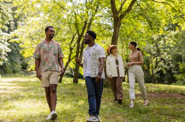 Dört neşeli çoklu etnik arkadaş güneşli bir yaz gününde yemyeşil bir parkta keyifli bir gezinti yapıyor, canlı sohbetler yapıyor ve birlikte uzun süreli anılar yaratıyorlar.
