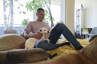 Gülümseyen eşcinsel adam evdeki kanepede dinleniyor, kitap okuyor ve bacak bacak bacak üstüne atarak rahatça otururken küçük Jack Russell köpeğini okşuyor.