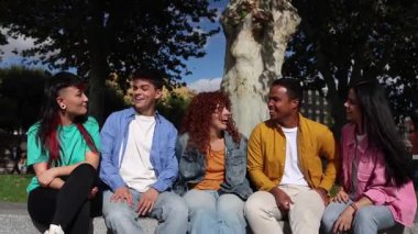 Dört farklı arkadaş, günlük giysiler içinde, güneşli bir parkta güneşli bir günün keyfini çıkarıyorlar, alçak bir duvarda oturuyorlar, neşeli bir sohbete dalıyorlar ve kahkahaları paylaşıyorlar.