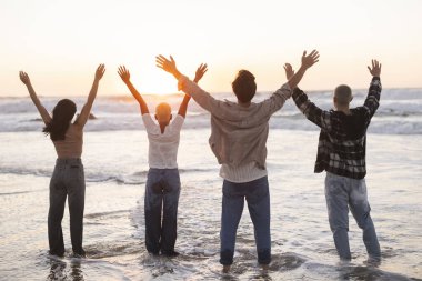Dört arkadaş plajda güzel bir altın saat gün batımının tadını çıkarıyorlar. Sığ sularda dururken kutlama ve minnettarlık içinde kollarını kaldırıyorlar.