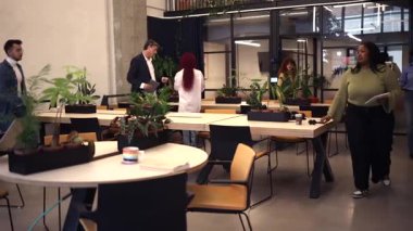 Ofis çalışanları modern bir açık plan ofisinde çalışıyorlar, işbirliği yapıyorlar ve projeler üzerinde çalışıyorlar, çeşitli ve kapsayıcı bir işyeri sergiliyorlar.