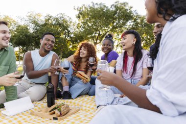 Bir grup mutlu çoklu etnik genç yetişkin birlikte eğleniyor, şarap içiyor ve parkta piknikte sandviç yiyor, arkadaşlığımızı kutluyor ve dışarıda eğleniyoruz.