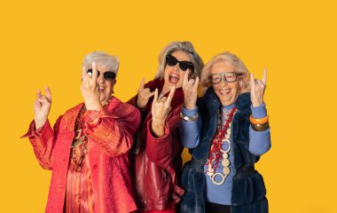 Renkli kıyafetler ve güneş gözlüğü takan, gülümseyen ve rock 'n roll hareketleri yapan üç şık son sınıf öğrencisi, canlı sarı bir arka plana karşı isyankar bir ruh yayıyorlar.