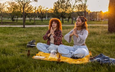İki bayan arkadaş, gün batımında parkta yoga yapıyor ve meditasyon yapıyorlar. Battaniyenin üzerinde oturuyorlar. Yanında atıştırmalıklar ve içecekler var.