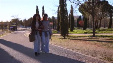 Bereketli şehir parkında birlikte yürüyen iki kız öğrenci, sohbet ediyorlar ve sıcak güneş ışığının tadını çıkarıyorlar, genç arkadaşlıkları ve tasasız bağlantılarını yeşil bir manzaranın ortasında sergiliyorlar.