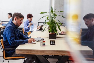 İş arkadaşları bir proje üzerinde işbirliği yapıyor, çizelgeleri analiz ediyor, notlar alıyor ve bitkilerle birlikte modern bir çalışma alanında tabletler kullanıyor, üretken ve işbirlikçi bir ortam yaratıyor.