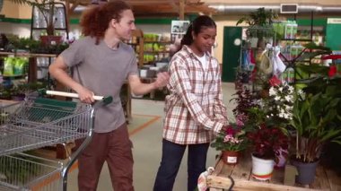 Renkli çiçekleri birlikte seçen çok ırklı çift, ev dekorasyonu ve bahçe işleri için bitki çeşitliliğini araştırırken ortak bir heyecan ve neşe ile bahçe merkezinde geziniyorlar.