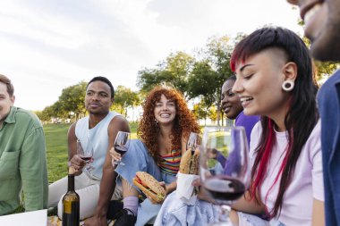 Bir grup mutlu, çeşitli arkadaş parkta güneşli bir pikniğin tadını çıkarıyor, şarap içiyor, lezzetli sandviçlerin tadını çıkarıyor ve ağaçların gölgesinde gülüşmeler ve hikayeler anlatıyor.