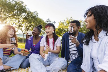 Gün batımında parkta piknik yapan, şarap içen, sohbet eden ve birlikte gülen bir grup neşeli, çok kültürlü genç insan.