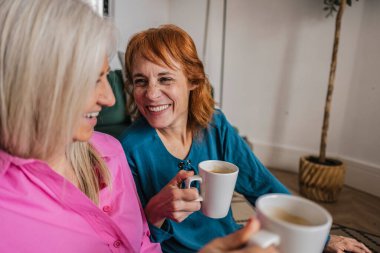 İki mutlu son sınıf kadını oturma odasında gülümsüyor ve kahve içiyorlar. Rahatlatıcı bir arkadaşlık ve sohbet anının tadını çıkarıyorlar.