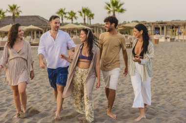 Beş genç yetişkin gün batımında sahilde keyifli bir gezinti yapıyor, canlı sohbetler yapıyor ve neşe ve kahkahalarla dolu unutulmaz anılar yaratıyor.