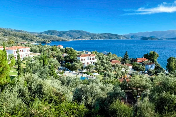 Idylliczne Wakacje Pelon Górskich Domów Widokiem Morze Miejscowości Horto Grecja — Zdjęcie stockowe