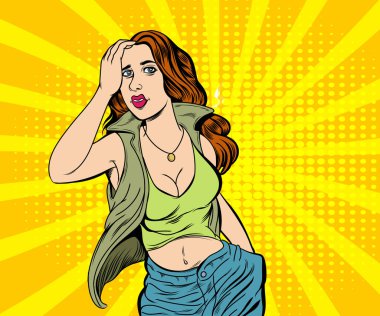 Seksi elbiseli kadın. Pop art retro illüstrasyon çizgi roman tarzı vektörü