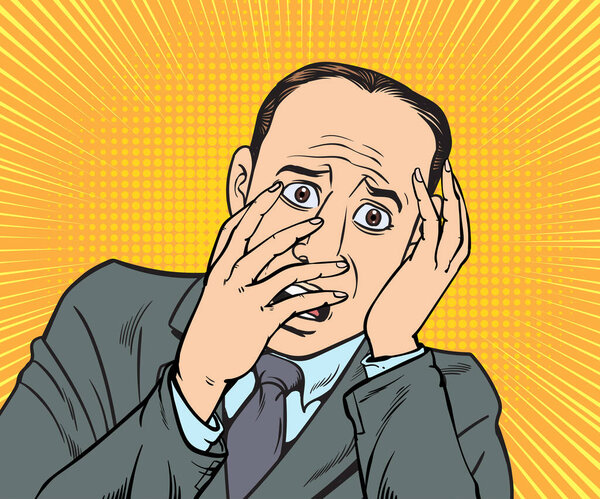 Young businessman shocked, scared, worried.hand drawn style vector design illustration.
