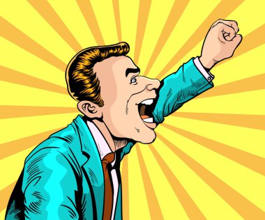 Genç işadamı heyecanlı ve şaşırmıştı. El çizimi stili vektör tasarımı çizimi. Retro pop sanatı.