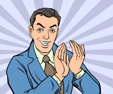 Gülümseyen ve alkışlayan mutlu iş adamı. Duygusal illüstrasyonlar pop sanat retro el çizimi biçim vektör tasarımı.