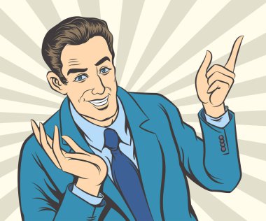 Duygusal çizimler mutlu gülümseyen iş adamı. pop art retro el çizilmiş biçim vektör tasarımı.