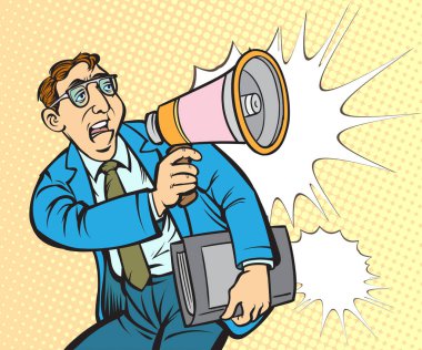 Businessman holding important file folder speaking announcement into megaphone. pop art retro hand drawn style vector design illustration.