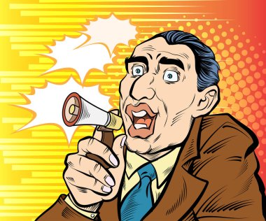 Humorous and funny businessman gestures to speak into a miniature megaphone. pop art retro hand drawn style vector design illustration.
