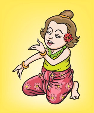 Tayland geleneksel dansı, Taylandlı çocuklar, Tayland çizgi filmleri. Pop art retro el çizimi biçim vektör tasarımı illüstrasyonu.