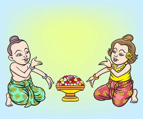Thaise Traditionele Dans Thaise Kinderen Thaise Cartoons Pop Art Retro — Stockvector