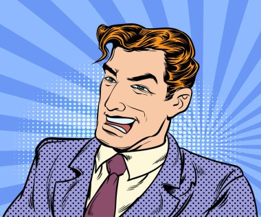 Mutlu bir şekilde gülümseyen ve gülen bir adam. Pop art retro el çizimi biçim vektör tasarımı çizimleri.