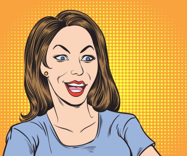 İyi huylu kadın gülümse ve mutlu bir şekilde gül. Pop art retro el çizimi biçim vektör tasarımı çizimleri.