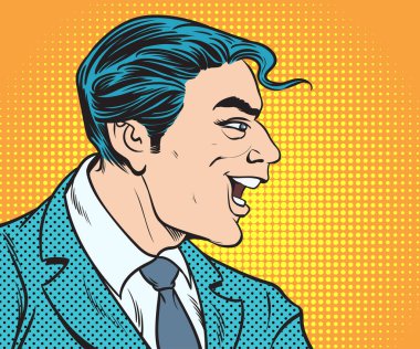 Mutlu bir şekilde gülümseyen ve gülen bir adam. Pop art retro el çizimi biçim vektör tasarımı çizimleri.