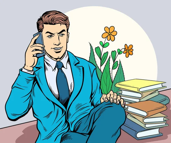 電話で話しながら背中に座っている男 ポップアート手描きスタイルのベクターデザインイラスト — ストックベクタ