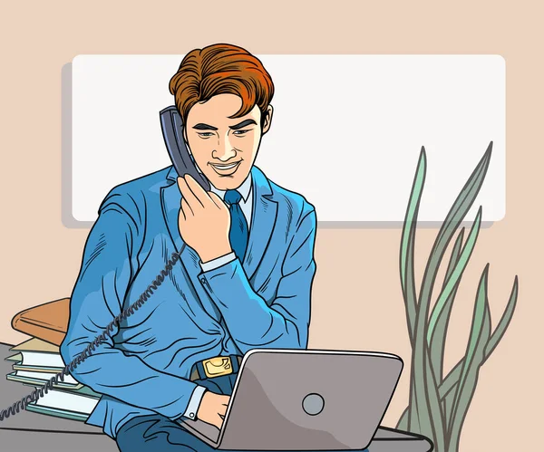 電話で話している間 ラップトップコンピュータを使用する男 ポップアート手描きスタイルベクターデザインイラスト — ストックベクタ